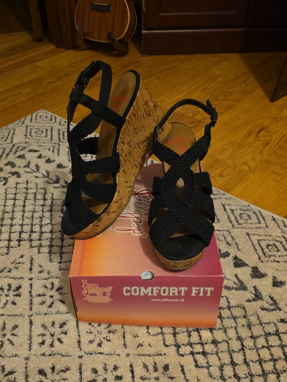 Jellypop "Fraisia" Black Woven Upper, Cork Wedge Sandals, Womens Size 9